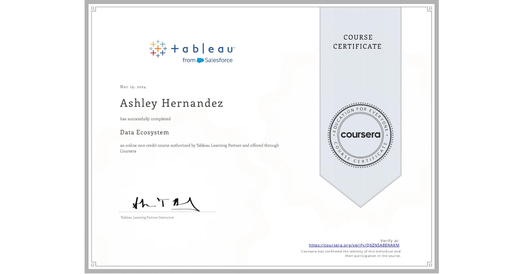 View certificate for Ashley Hernandez, Data Ecosystem, an online non-credit course authorized by Tableau Learning Partner and offered through Coursera