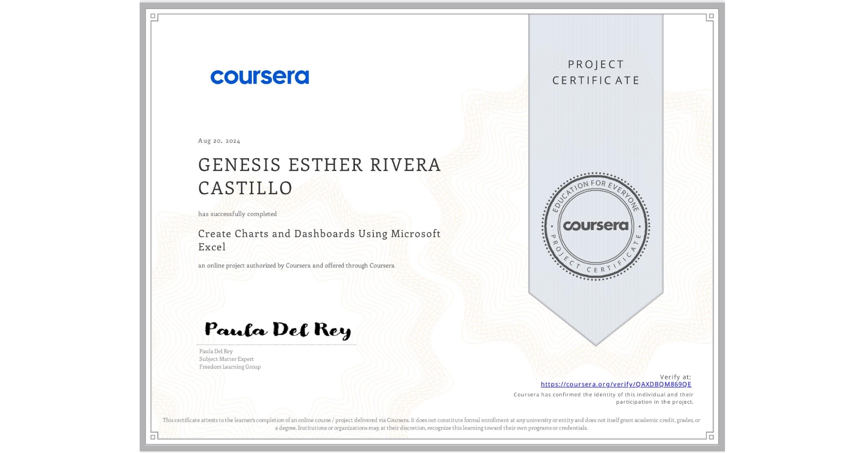View certificate for GENESIS ESTHER RIVERA CASTILLO, Create Charts and Dashboards Using Microsoft Excel, an online non-credit course authorized by Coursera and offered through Coursera