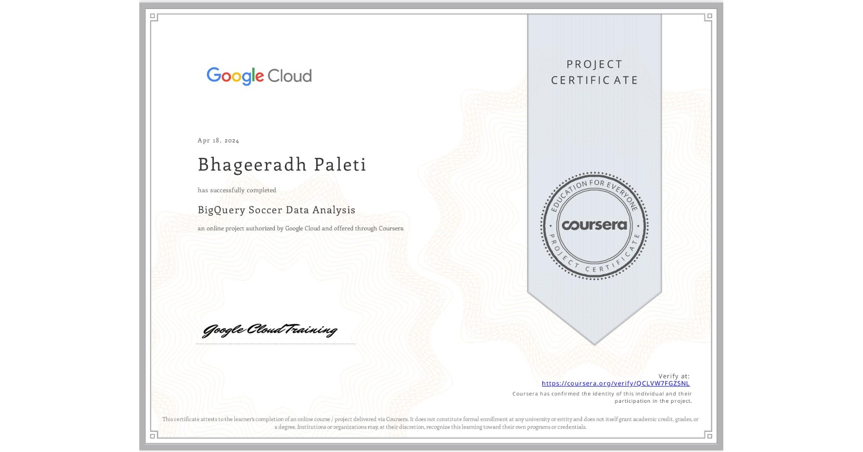View certificate for Bhageeradh Paleti, BigQuery Soccer Data Analysis , an online non-credit course authorized by Google Cloud and offered through Coursera