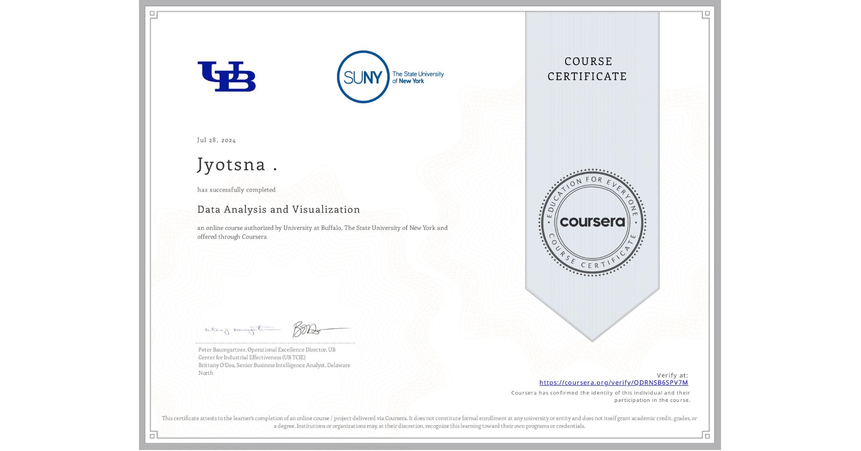 View certificate for Jyotsna ., Data Analysis and Visualization, an online non-credit course authorized by University at Buffalo & The State University of New York and offered through Coursera
