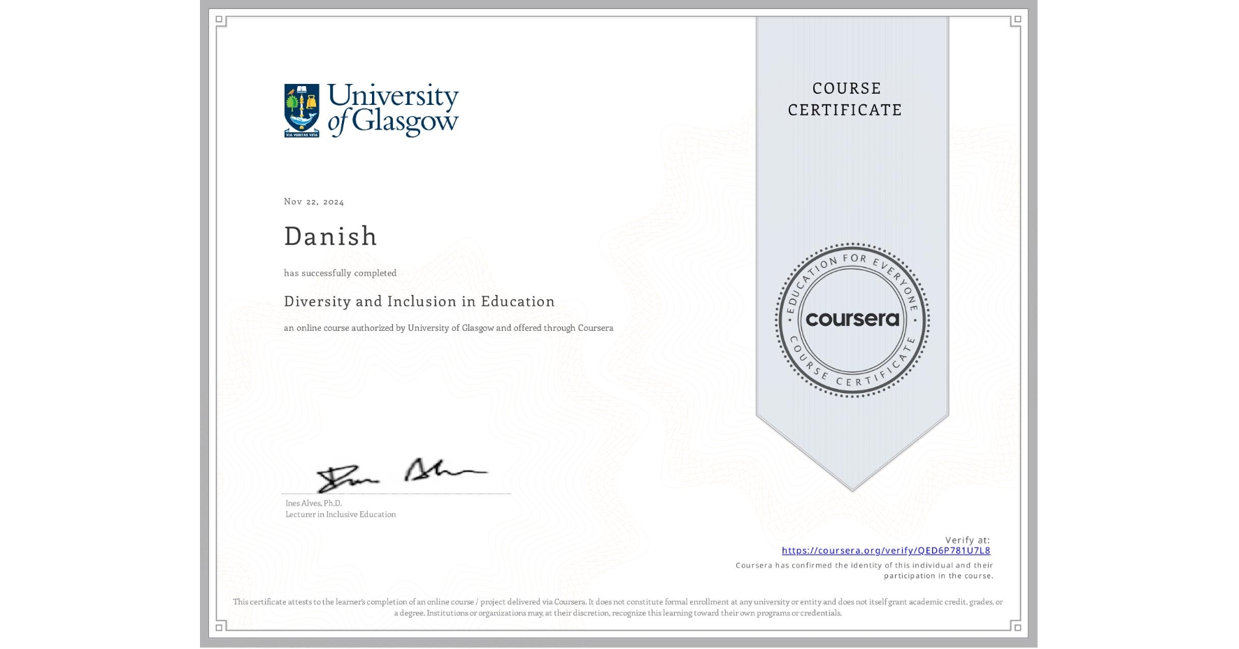 View certificate for Danish , Diversity and Inclusion in Education, an online non-credit course authorized by University of Glasgow and offered through Coursera