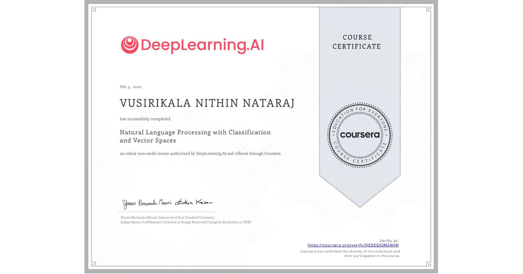 View certificate for VUSIRIKALA NITHIN NATARAJ, Natural Language Processing with Classification and Vector Spaces, an online non-credit course authorized by DeepLearning.AI and offered through Coursera