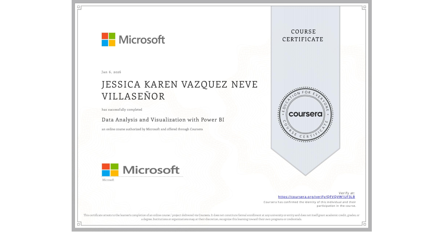 View certificate for JESSICA KAREN VAZQUEZ NEVE VILLASEÑOR, Data Analysis and Visualization with Power BI, an online non-credit course authorized by Microsoft and offered through Coursera