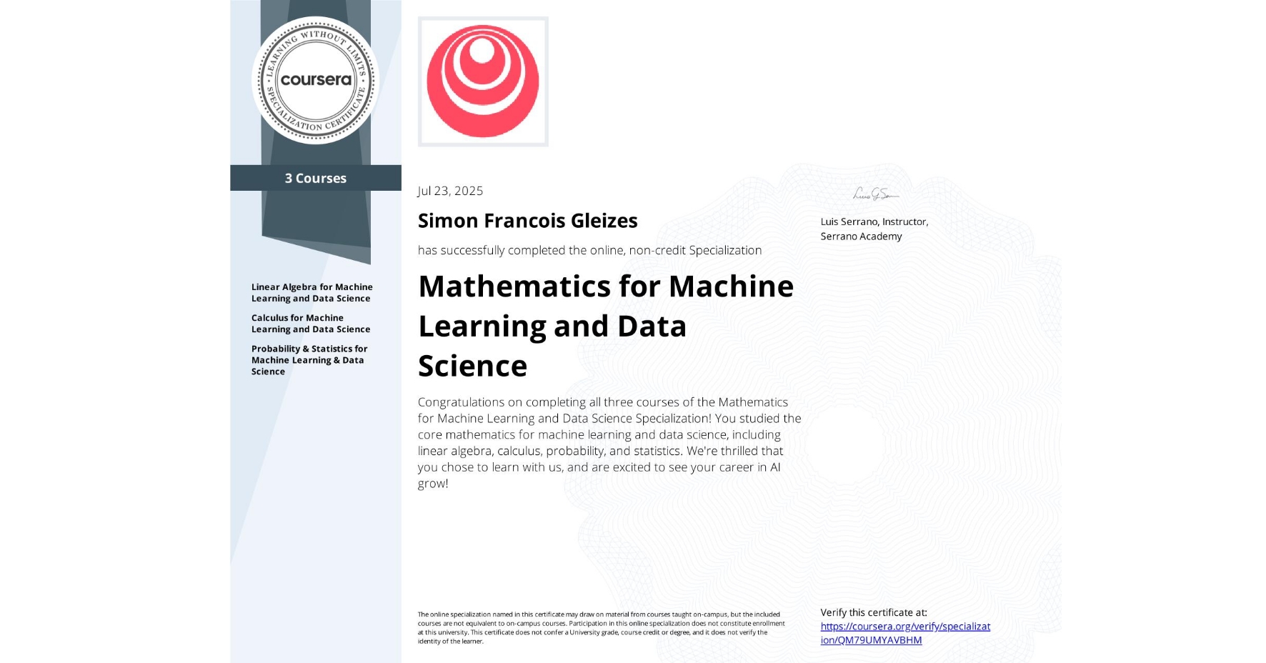 Mathematics for Machine Learning and Data Science Certificate