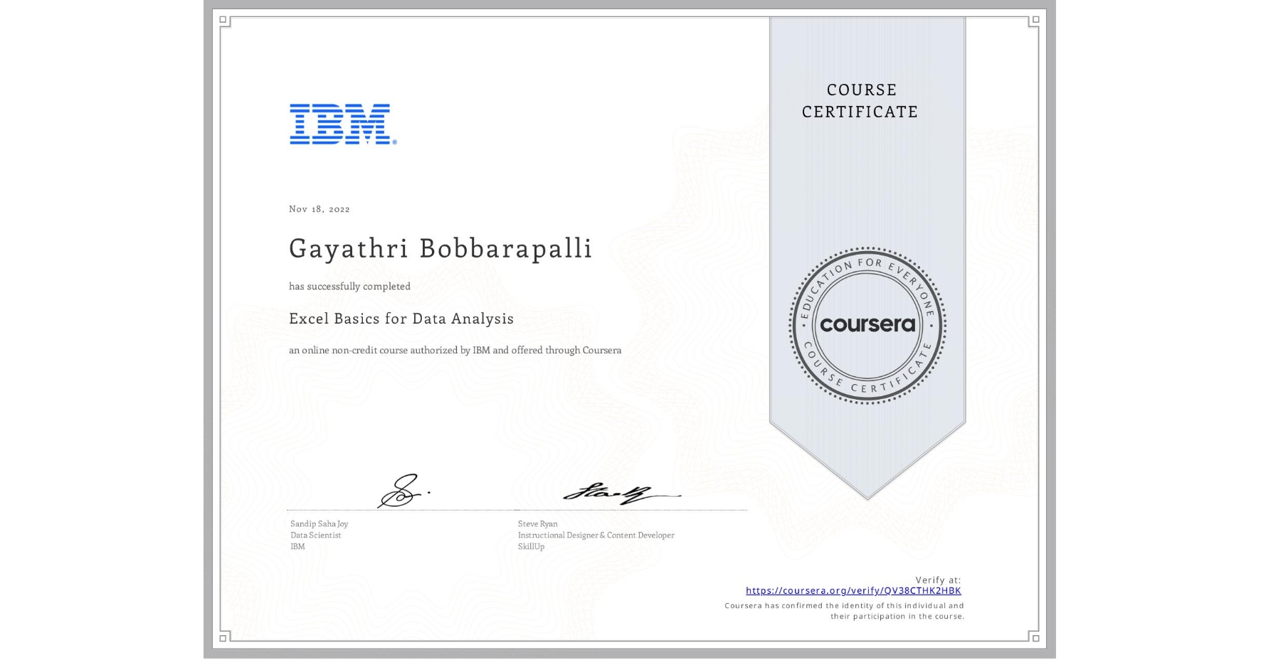 View certificate for Gayathri Bobbarapalli, Excel Basics for Data Analysis, an online non-credit course authorized by IBM and offered through Coursera