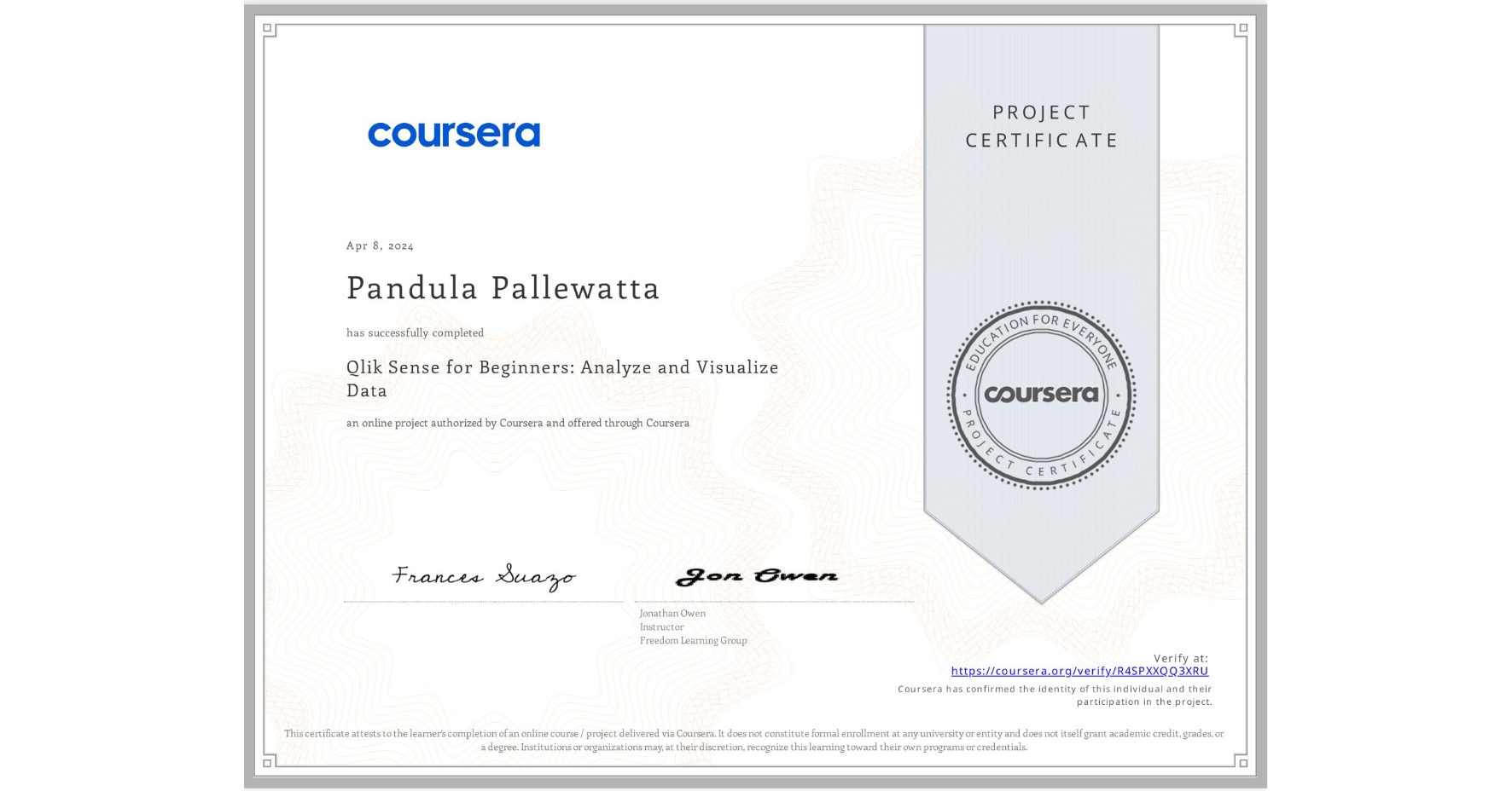 View certificate for Pandula Pallewatta, Qlik Sense for Beginners: Analyze and Visualize Data, an online non-credit course authorized by Coursera and offered through Coursera