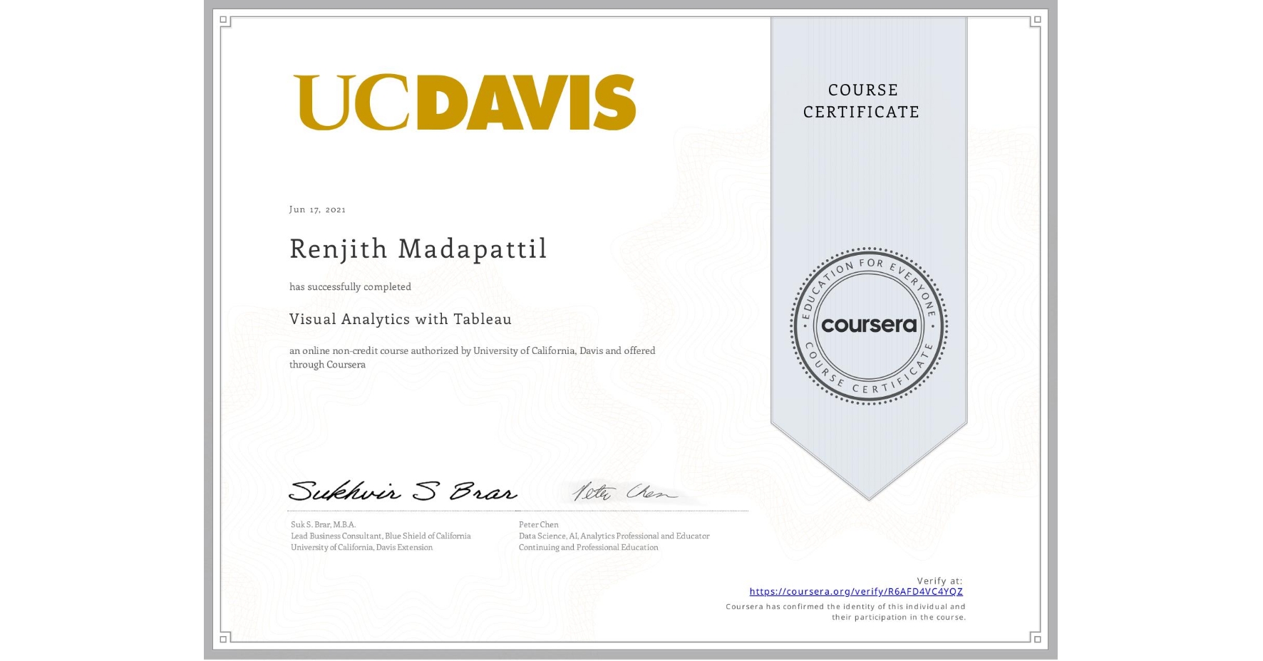 View certificate for Renjith Madapattil, Visual Analytics with Tableau, an online non-credit course authorized by University of California, Davis and offered through Coursera