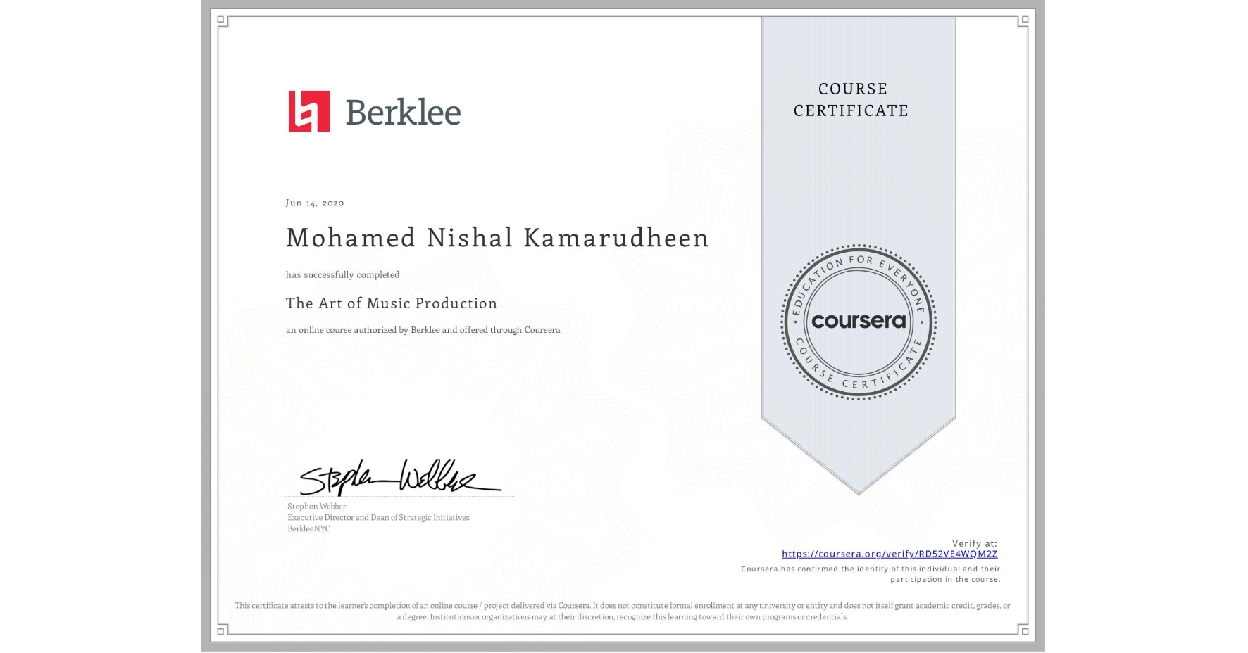 View certificate for Mohamed Nishal  Kamarudheen, The Art of Music Production, an online non-credit course authorized by Berklee and offered through Coursera