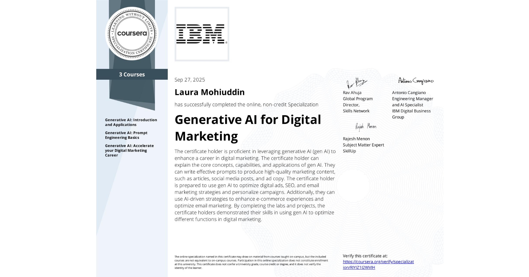 Specialization certificate: Generative AI for Digital Marketing — Coursera
