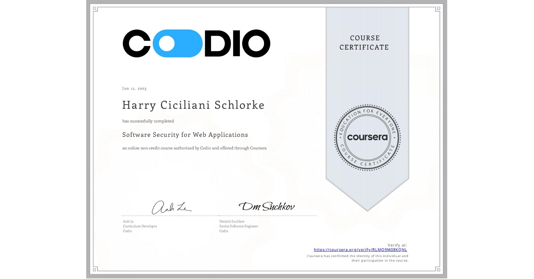 View certificate for Harry Ciciliani Schlorke, Software Security for Web Applications, an online non-credit course authorized by Codio and offered through Coursera