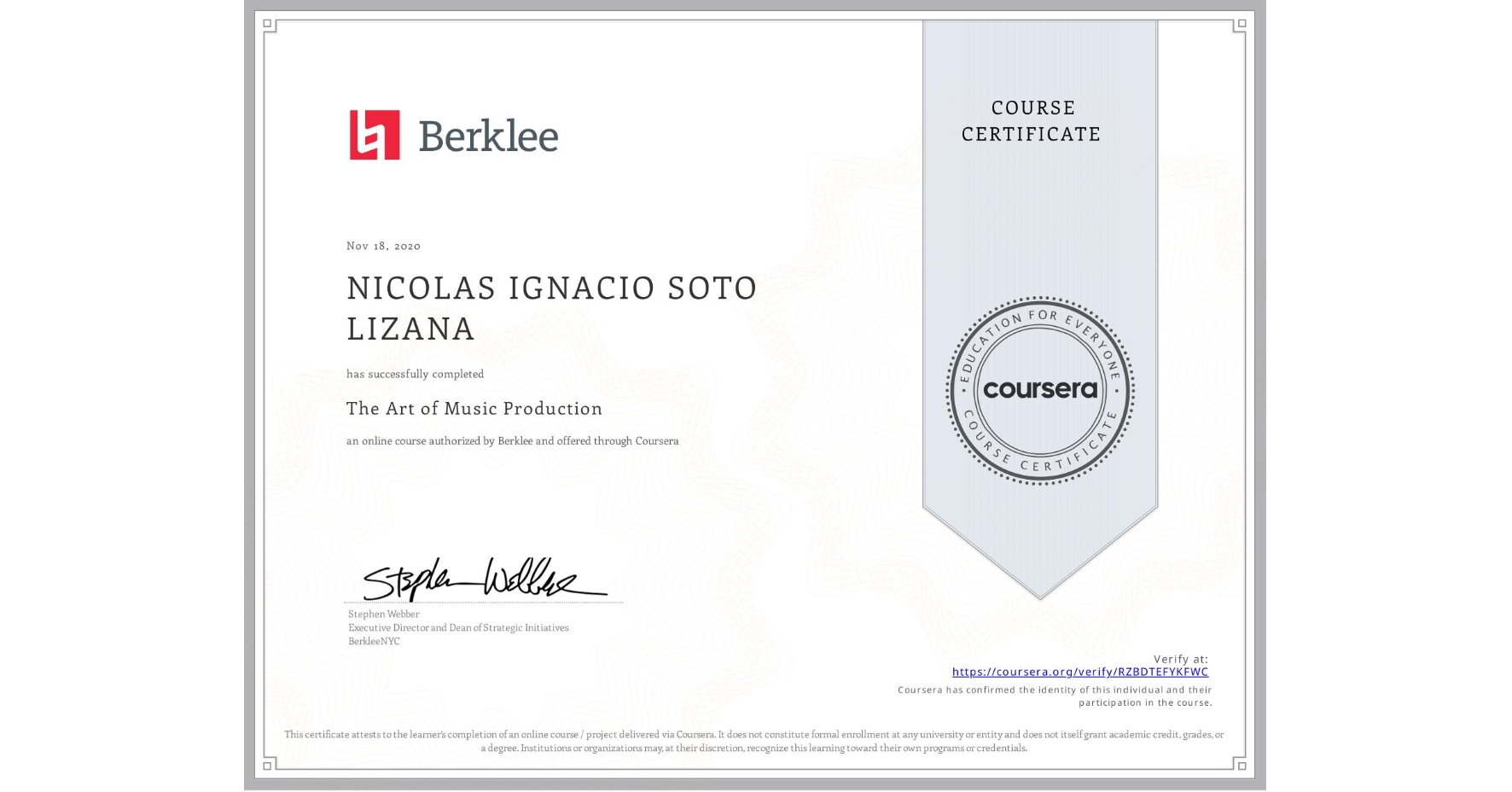 View certificate for NICOLAS IGNACIO  SOTO LIZANA, The Art of Music Production, an online non-credit course authorized by Berklee and offered through Coursera