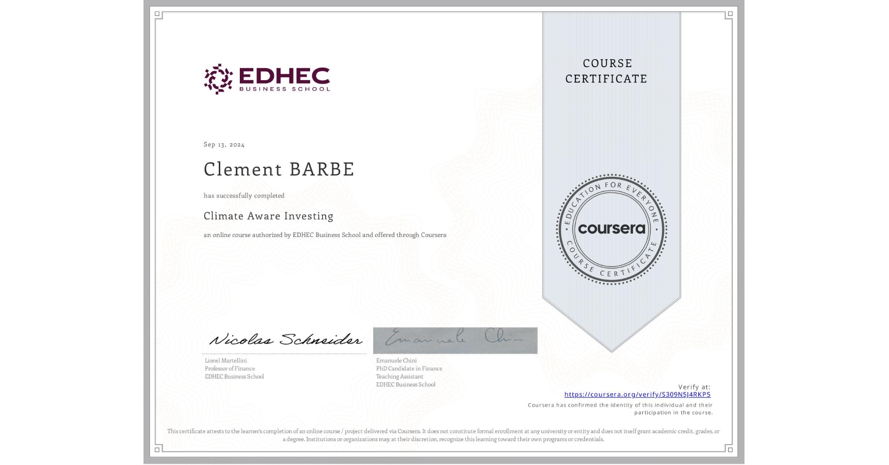View certificate for Clement BARBE, Climate Aware Investing, an online non-credit course authorized by EDHEC Business School and offered through Coursera