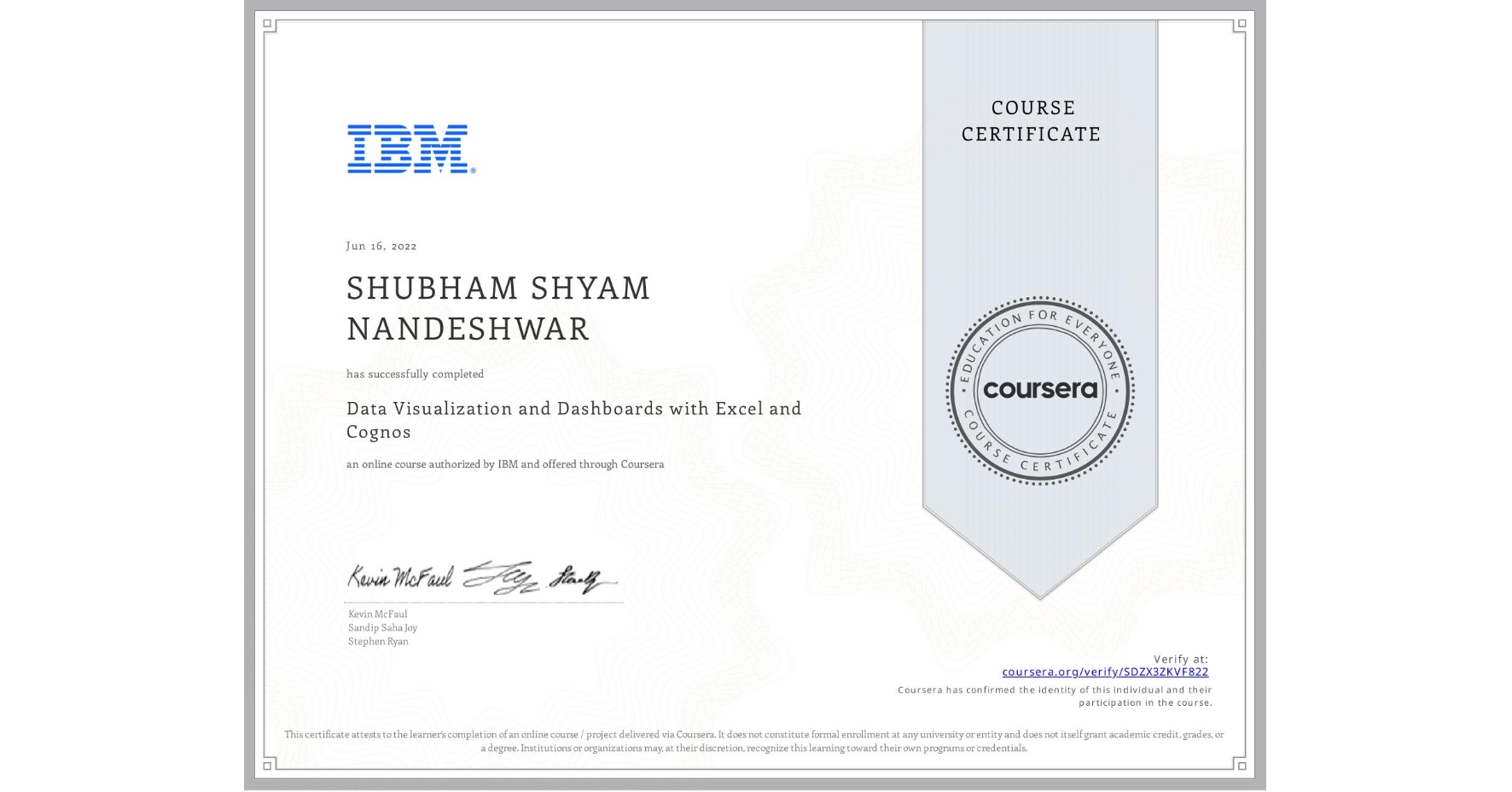 View certificate for SHUBHAM SHYAM NANDESHWAR, Data Visualization and Dashboards with Excel and Cognos, an online non-credit course authorized by IBM and offered through Coursera