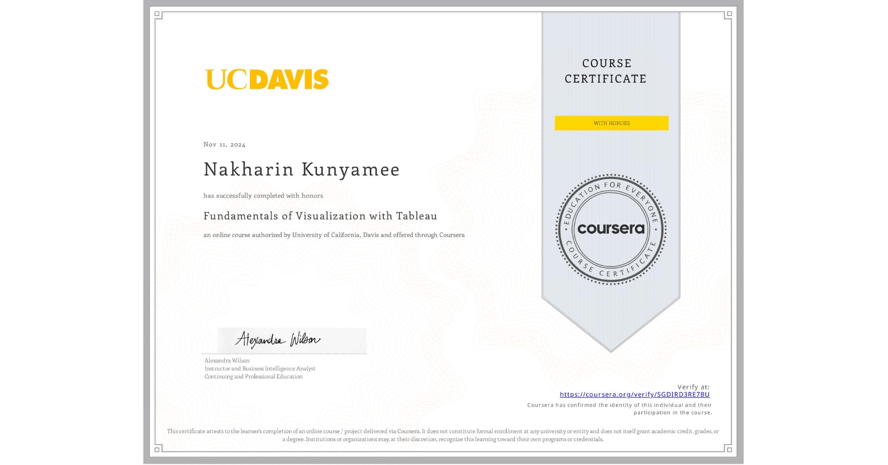 View certificate for Nakharin Kunyamee, Fundamentals of Visualization with Tableau, an online non-credit course authorized by University of California, Davis and offered through Coursera