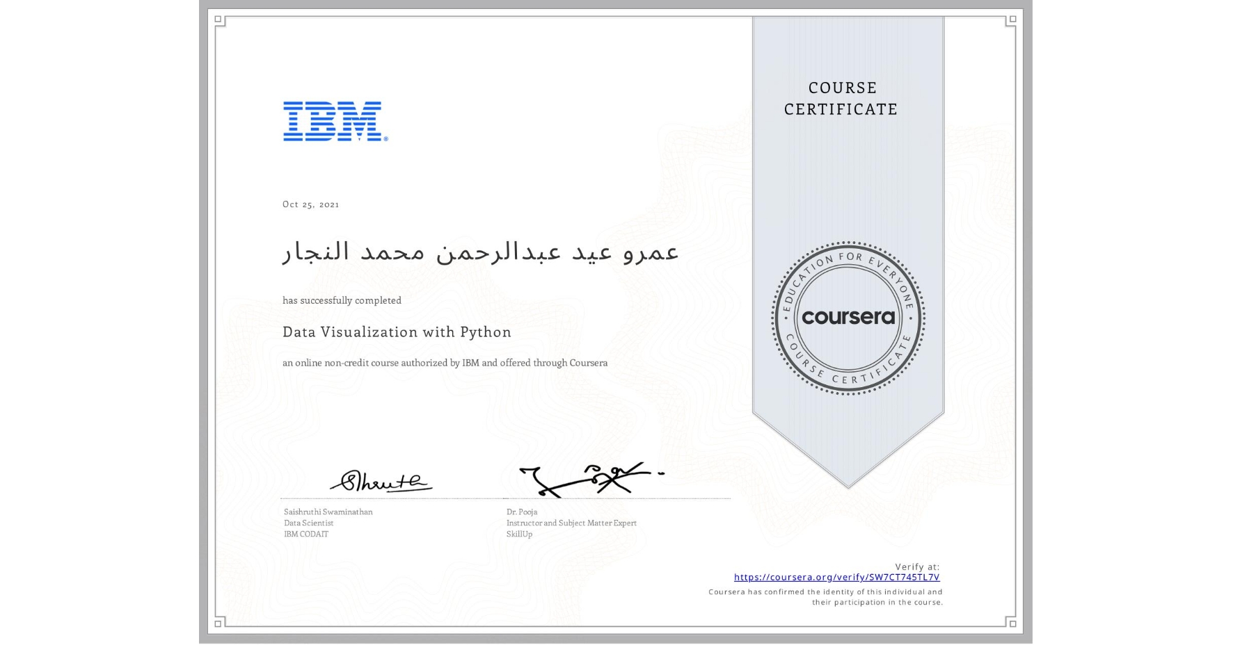 View certificate for عمرو عيد عبدالرحمن محمد النجار, Data Visualization with Python, an online non-credit course authorized by IBM and offered through Coursera