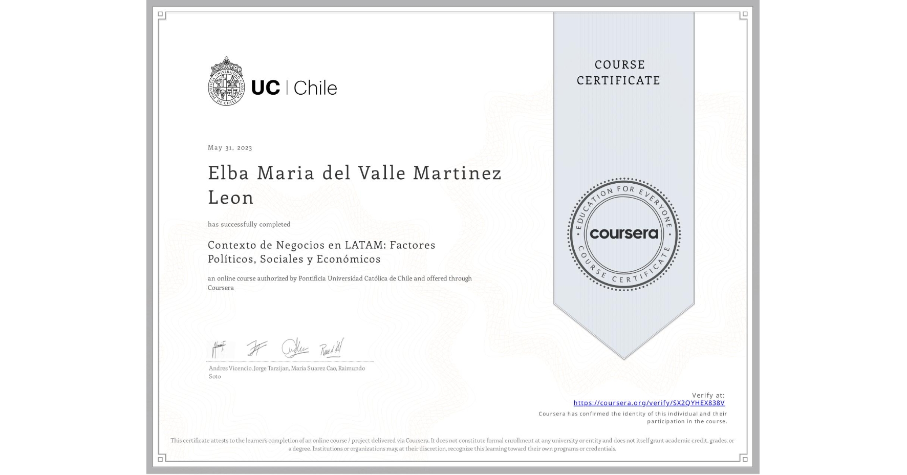 View certificate for Elba Maria del Valle Martinez Leon, Contexto de Negocios en LATAM: Factores Políticos, Sociales y Económicos, an online non-credit course authorized by Pontificia Universidad Católica de Chile and offered through Coursera