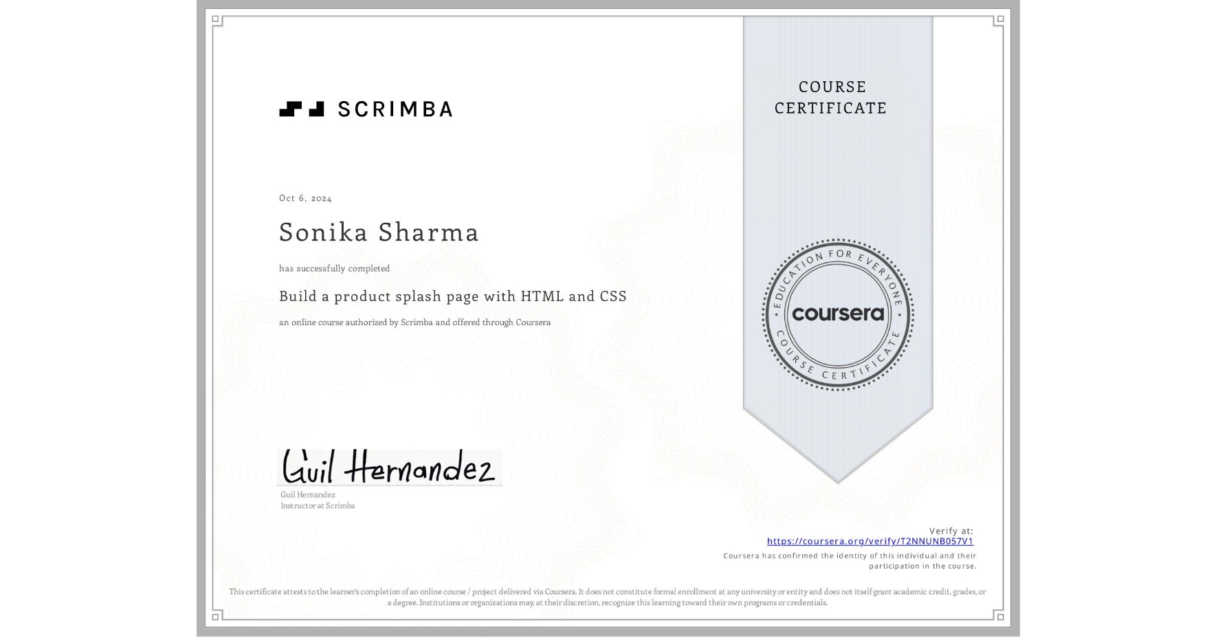 View certificate for Sonika Sharma, Build a product splash page with HTML and CSS, an online non-credit course authorized by Scrimba and offered through Coursera