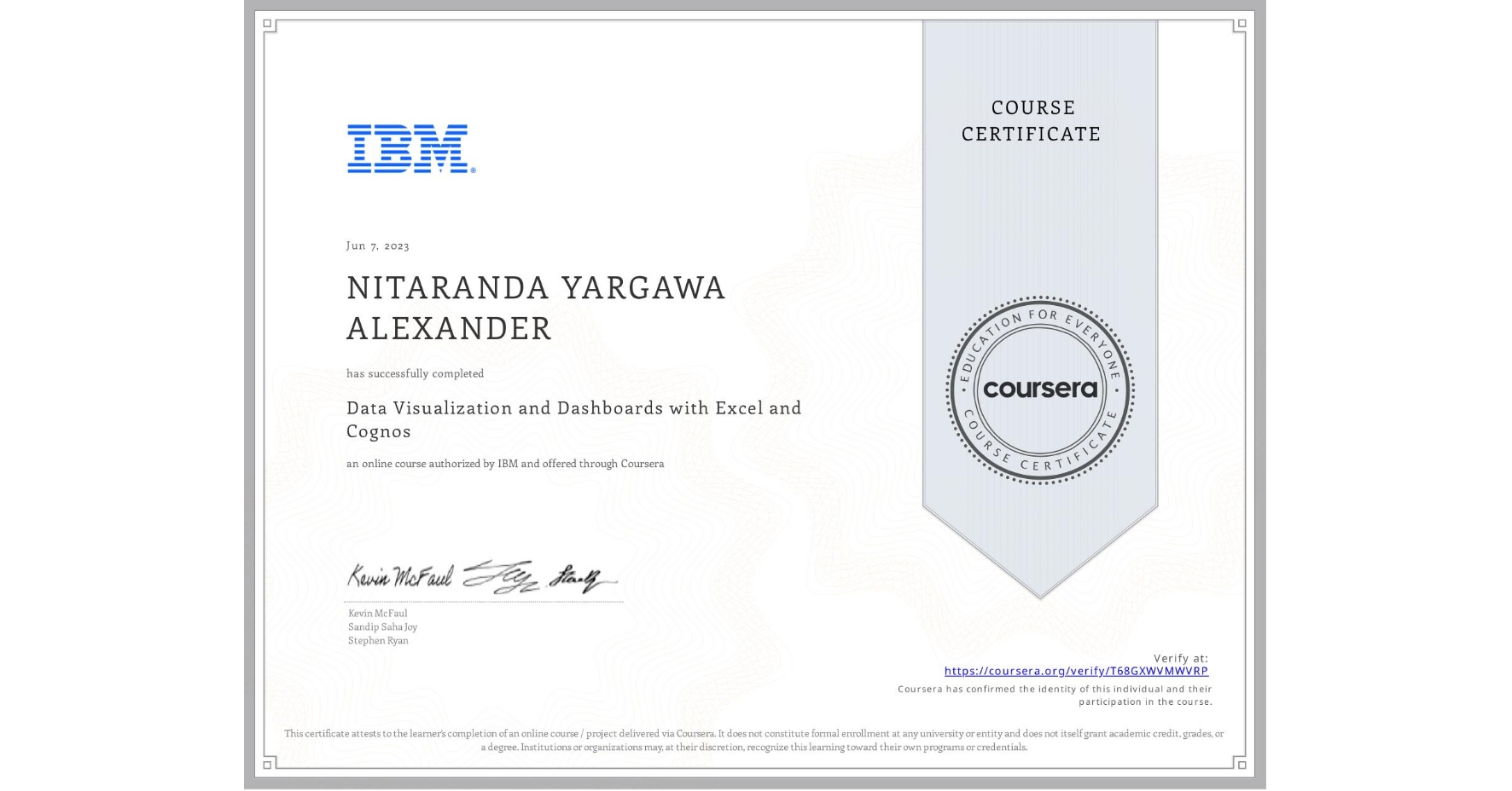 View certificate for NITARANDA YARGAWA ALEXANDER, Data Visualization and Dashboards with Excel and Cognos, an online non-credit course authorized by IBM and offered through Coursera