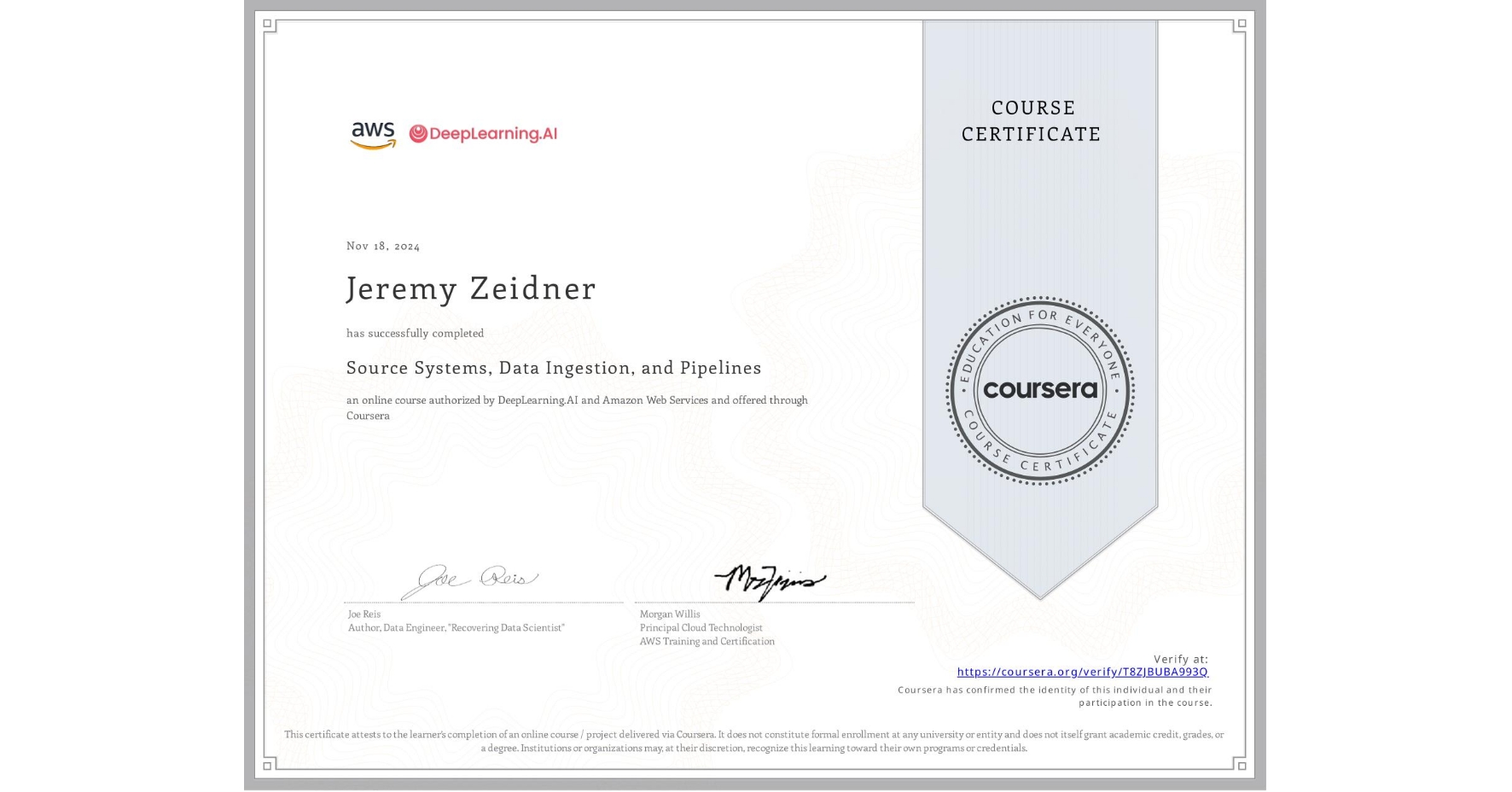 View certificate for Jeremy Zeidner, Source Systems, Data Ingestion, and Pipelines, an online non-credit course authorized by DeepLearning.AI & Amazon Web Services and offered through Coursera