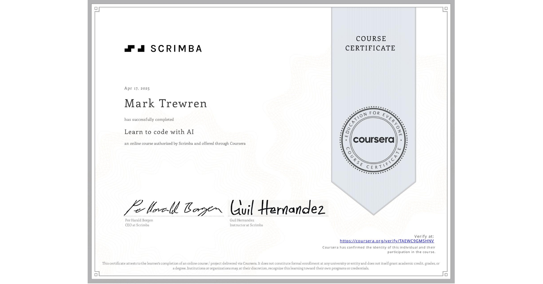 View certificate for Mark Trewren, Learn to code with AI, an online non-credit course authorized by Scrimba and offered through Coursera