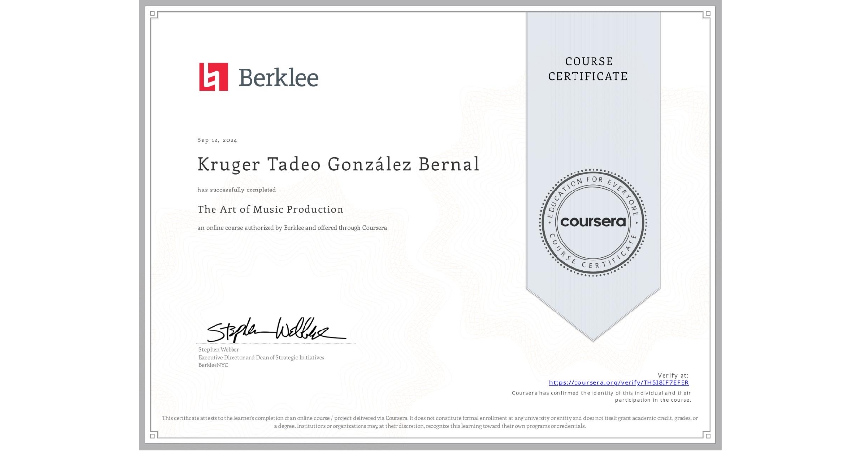 View certificate for Kruger Tadeo González Bernal, The Art of Music Production, an online non-credit course authorized by Berklee and offered through Coursera