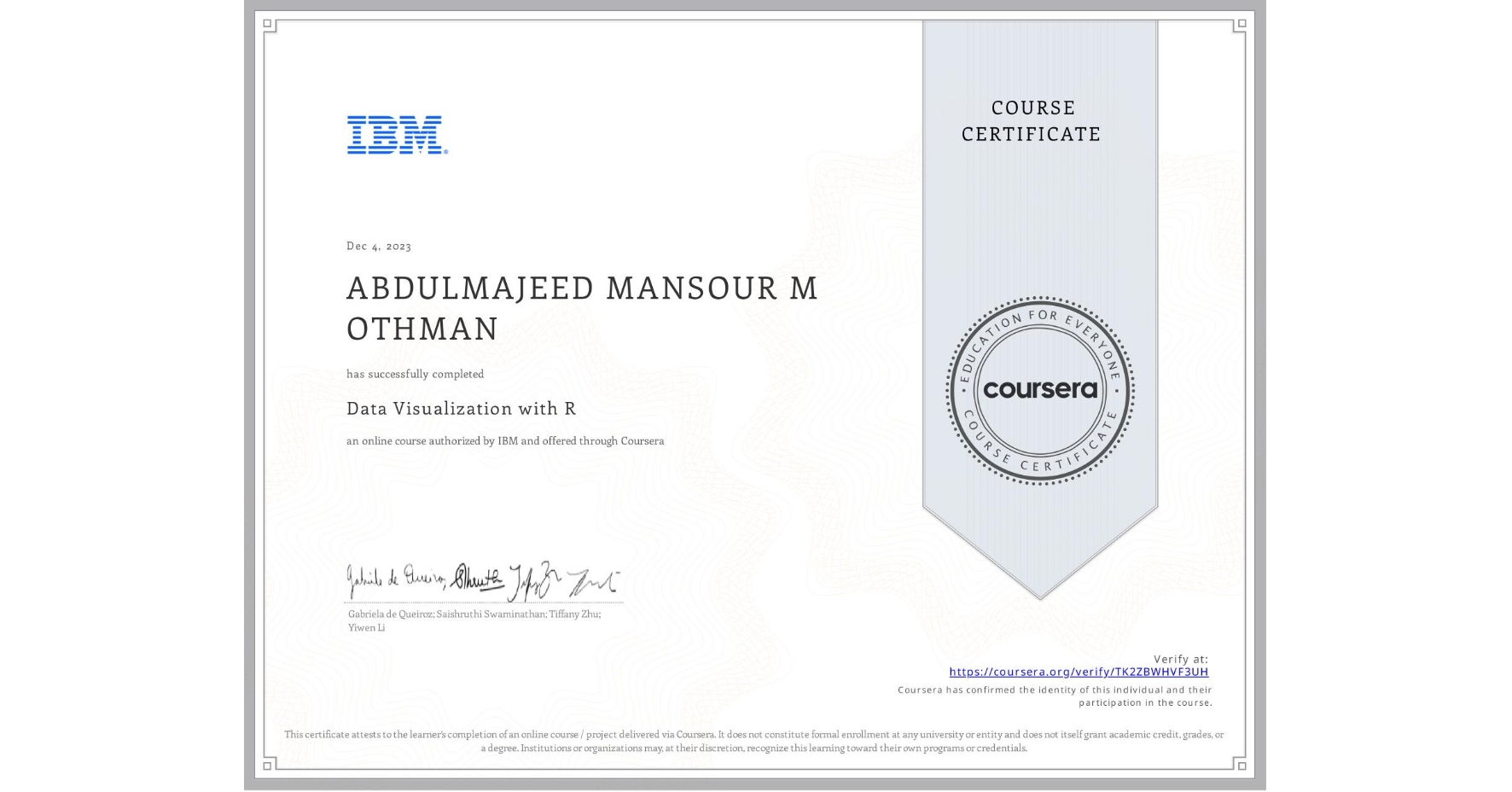 View certificate for ABDULMAJEED MANSOUR M OTHMAN, Data Visualization with R, an online non-credit course authorized by IBM and offered through Coursera