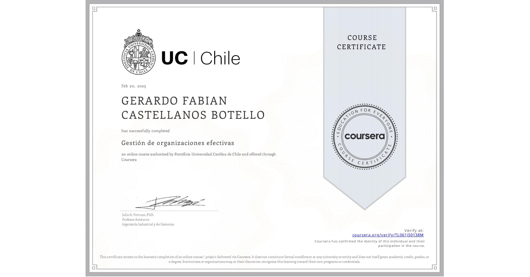 View certificate for GERARDO FABIAN CASTELLANOS BOTELLO, Gestión de organizaciones efectivas, an online non-credit course authorized by Pontificia Universidad Católica de Chile and offered through Coursera