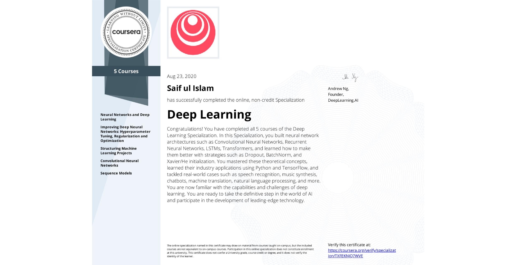 Deep Learning Specialization @ Deep Learning