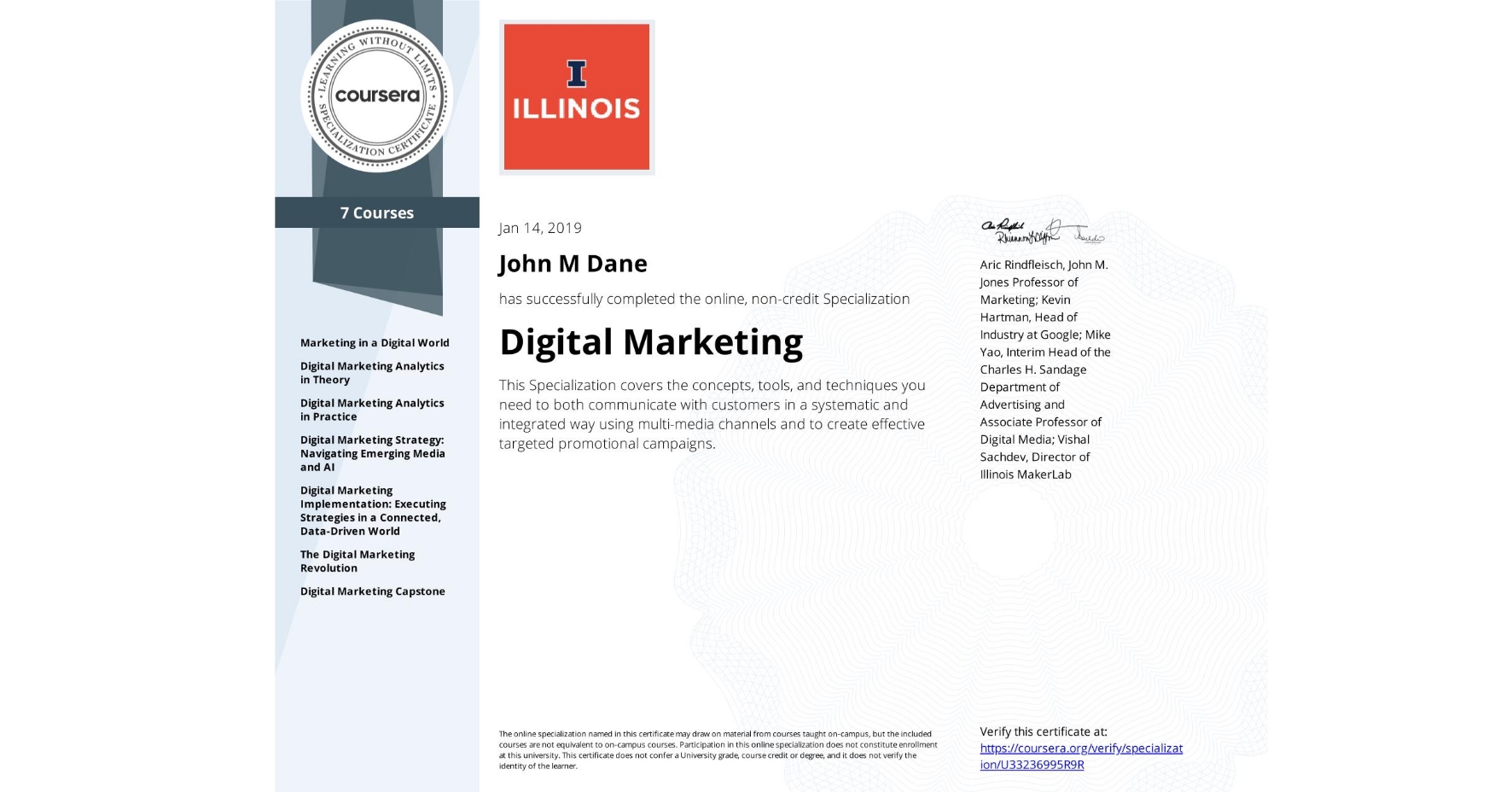 View certificate for John M Dane, Digital Marketing, offered through Coursera. This Specialization covers the concepts, tools, and techniques you need to both communicate with customers in a systematic and integrated way using multi-media channels and to create effective targeted promotional campaigns.