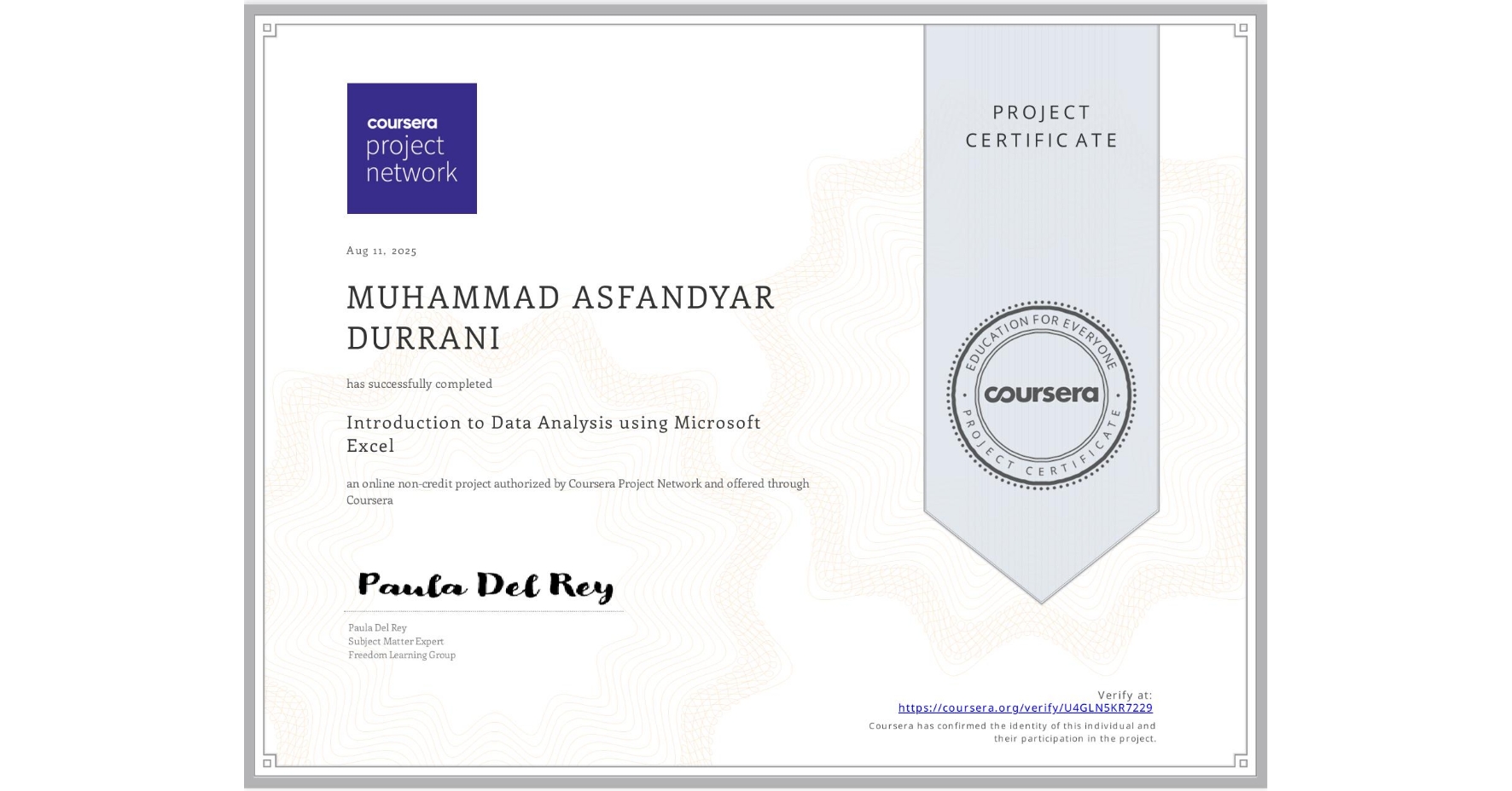 View certificate for MUHAMMAD ASFANDYAR DURRANI, Introduction to Data Analysis using Microsoft Excel, an online non-credit course authorized by Coursera and offered through Coursera