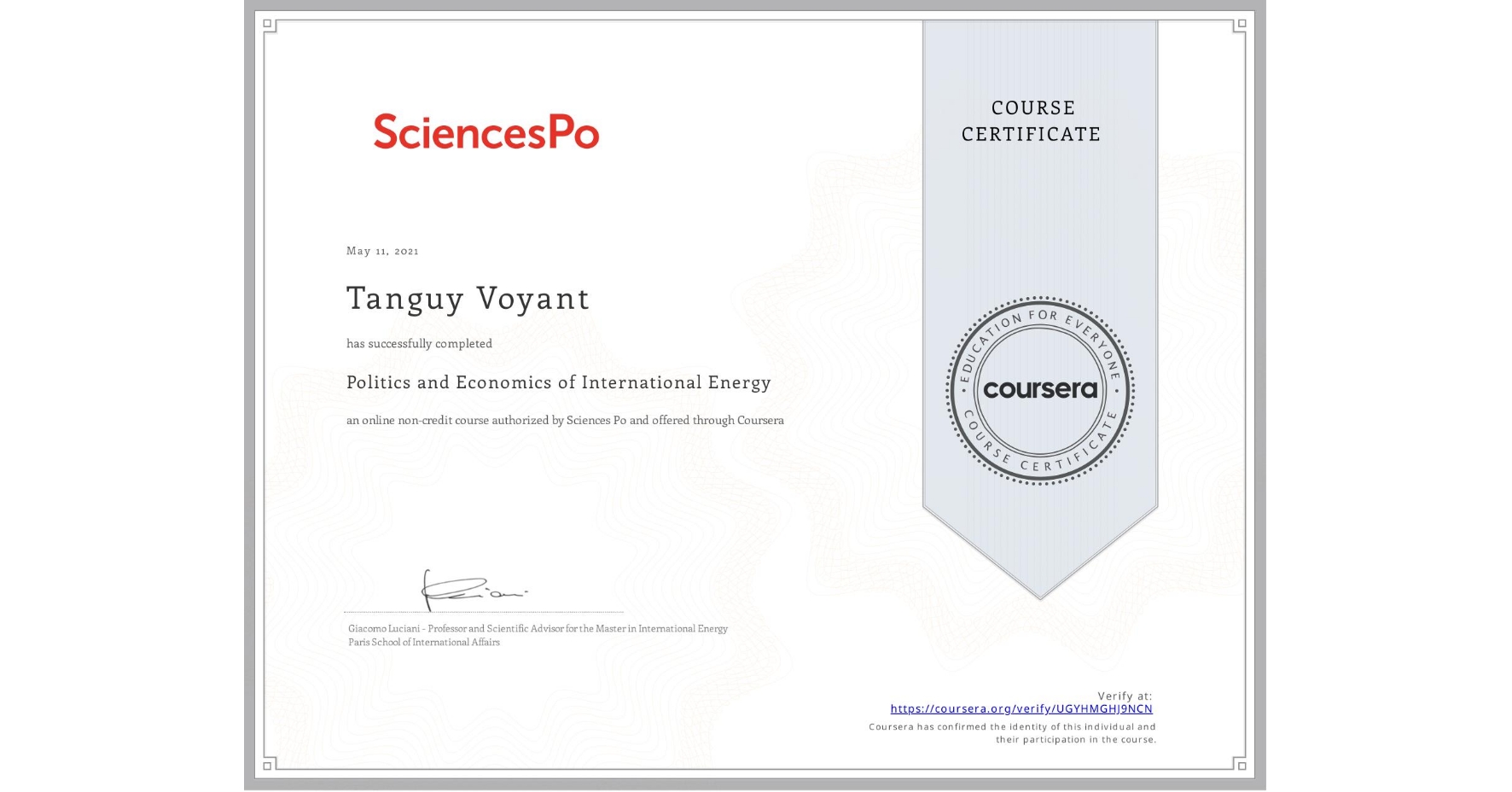 View certificate for Tanguy Voyant, Politics and Economics of International Energy, an online non-credit course authorized by Sciences Po and offered through Coursera