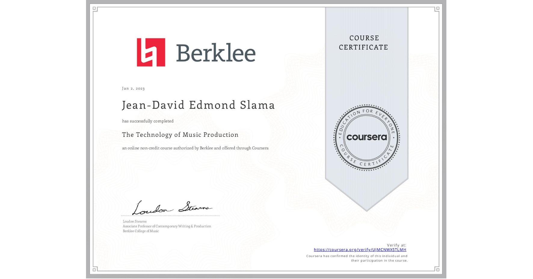 View certificate for Jean-David Edmond Slama, The Technology of Music Production, an online non-credit course authorized by Berklee and offered through Coursera