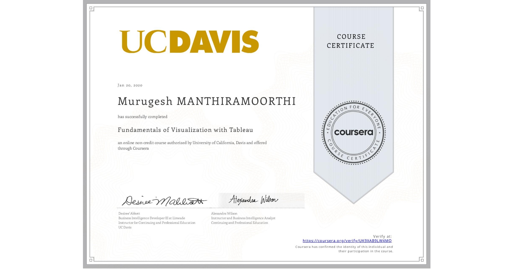 View certificate for Murugesh MANTHIRAMOORTHI, Fundamentals of Visualization with Tableau, an online non-credit course authorized by University of California, Davis and offered through Coursera