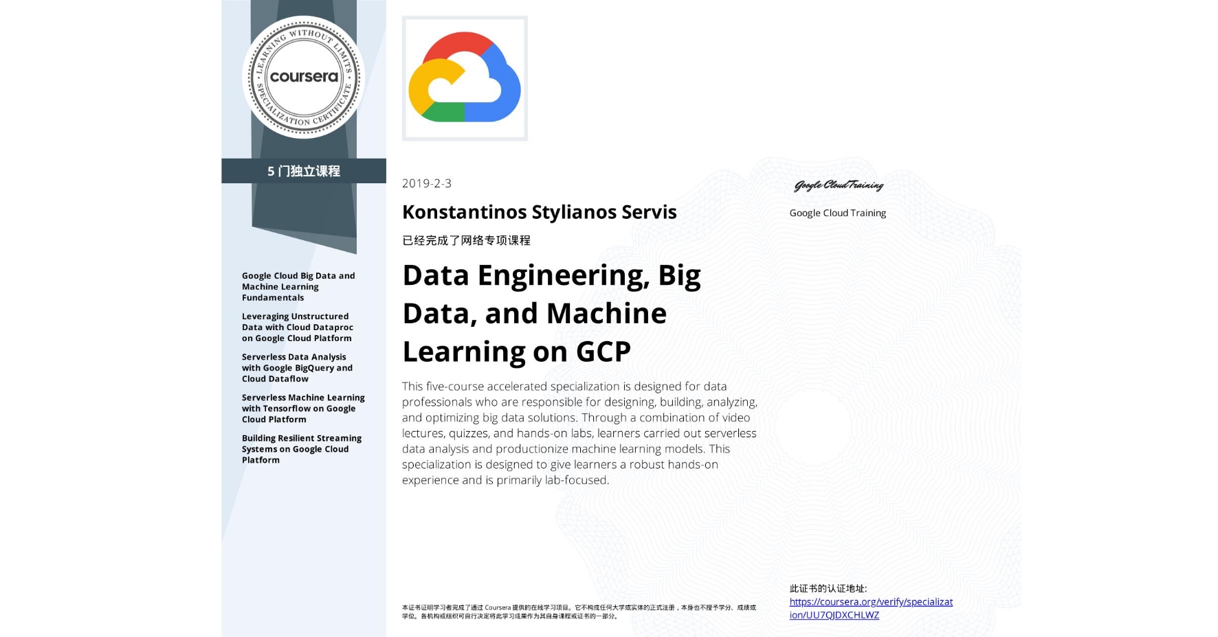 View certificate for Konstantinos Stylianos Servis, Data Engineering, Big Data, and Machine Learning on GCP, offered through Coursera. This five-course accelerated specialization is designed for data professionals who are responsible for designing, building, analyzing, and optimizing big data solutions. Through a combination of video lectures, quizzes, and hands-on labs, learners carried out serverless data analysis and productionize machine learning models. This specialization is designed to give learners a robust hands-on experience and is primarily lab-focused.