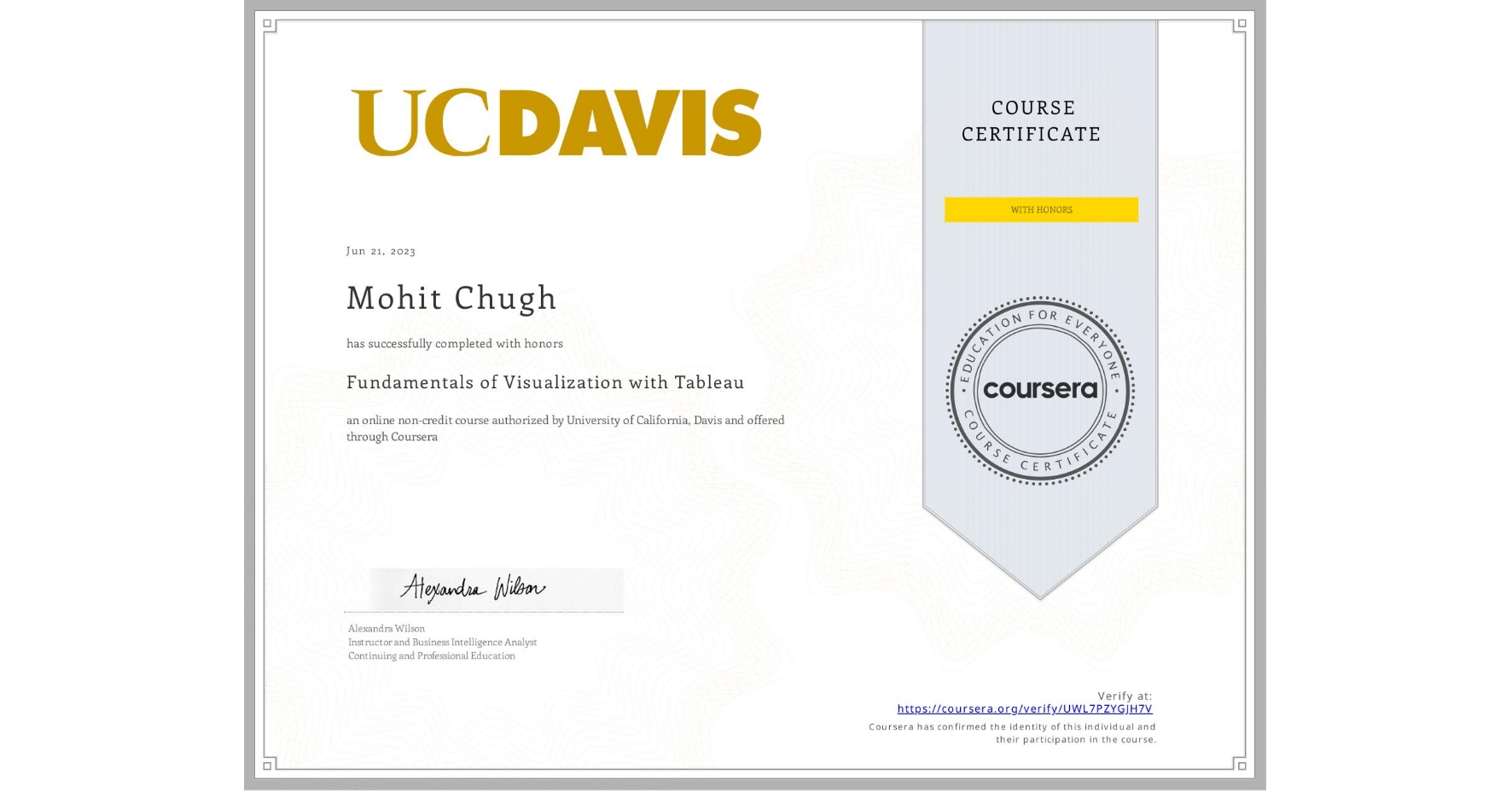 View certificate for Mohit Chugh, Fundamentals of Visualization with Tableau, an online non-credit course authorized by University of California, Davis and offered through Coursera
