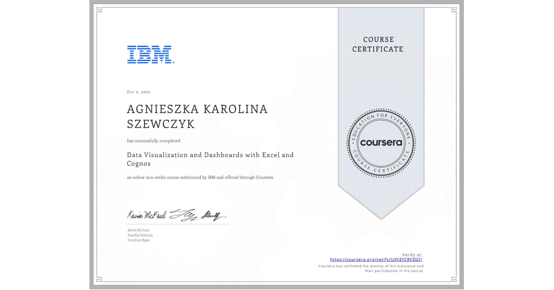 View certificate for AGNIESZKA KAROLINA  SZEWCZYK, Data Visualization and Dashboards with Excel and Cognos, an online non-credit course authorized by IBM and offered through Coursera