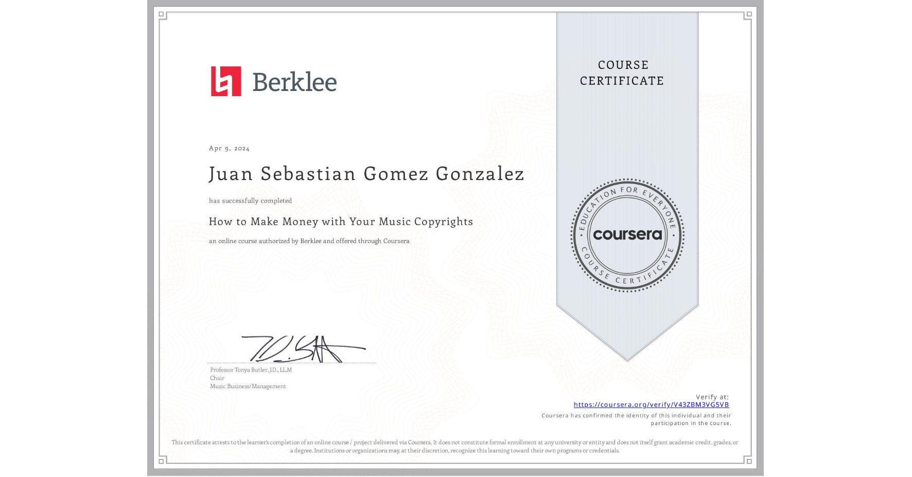 View certificate for Juan Sebastian Gomez Gonzalez, How to Make Money with Your Music Copyrights, an online non-credit course authorized by Berklee and offered through Coursera