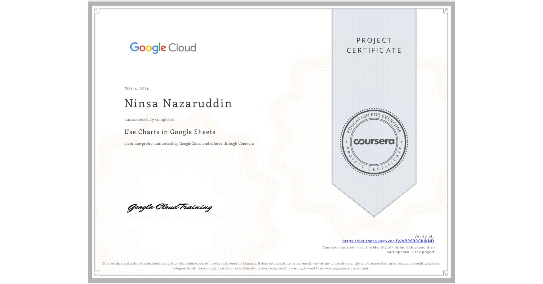 View certificate for Ninsa Nazaruddin, Use Charts in Google Sheets, an online non-credit course authorized by Google Cloud and offered through Coursera