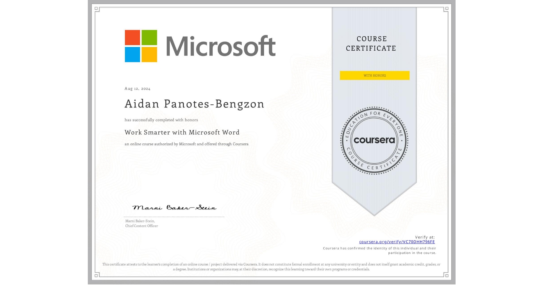 View certificate for Aidan Panotes-Bengzon, Work Smarter with Microsoft Word, an online non-credit course authorized by Microsoft and offered through Coursera