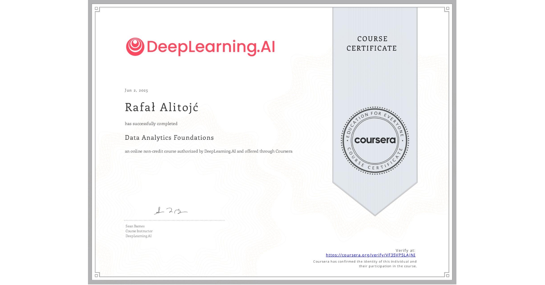 View certificate for Rafał Alitojć, Data Analytics Foundations, an online non-credit course authorized by DeepLearning.AI and offered through Coursera