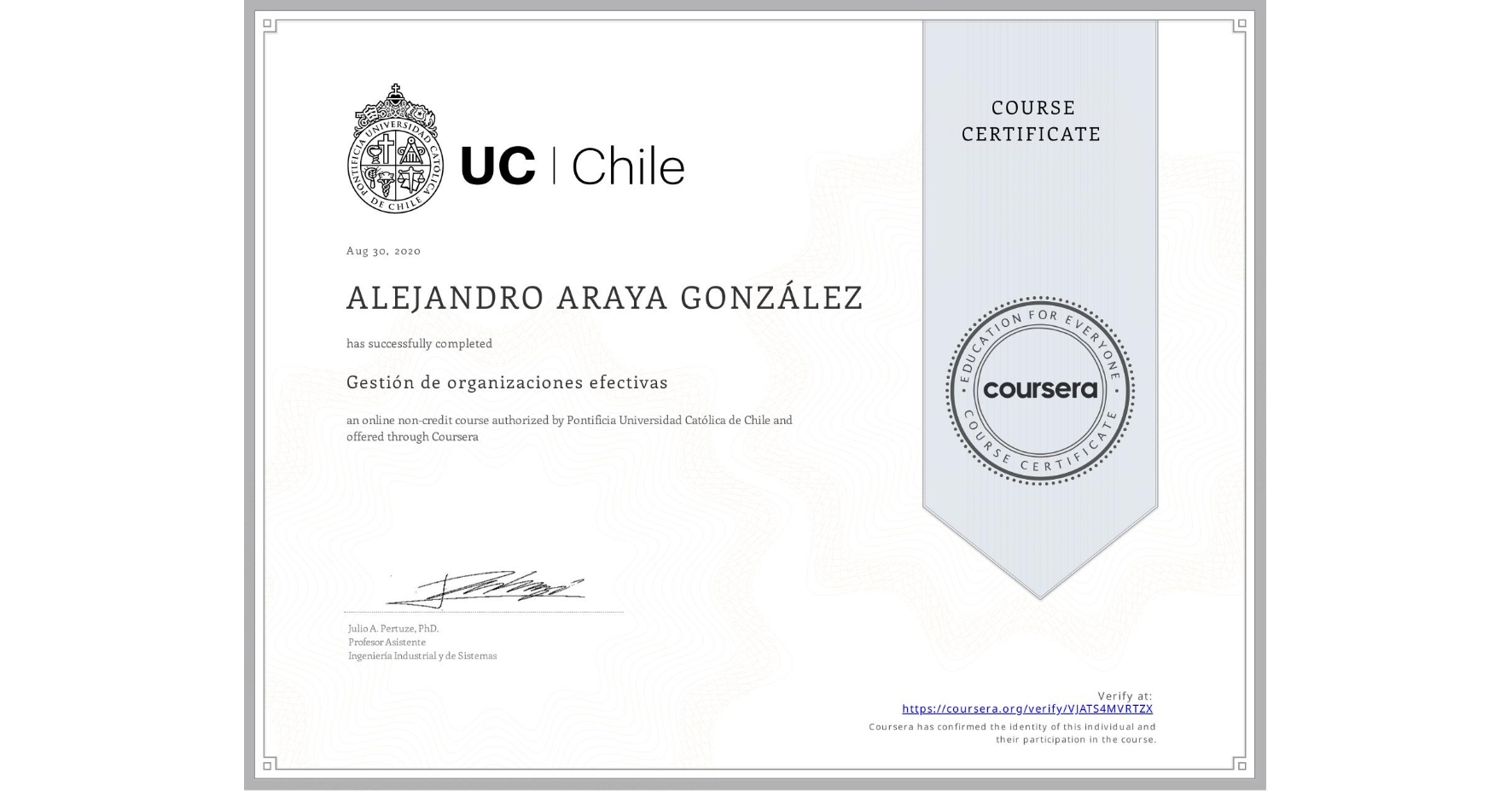 View certificate for ALEJANDRO ARAYA GONZÁLEZ, Gestión de organizaciones efectivas, an online non-credit course authorized by Pontificia Universidad Católica de Chile and offered through Coursera