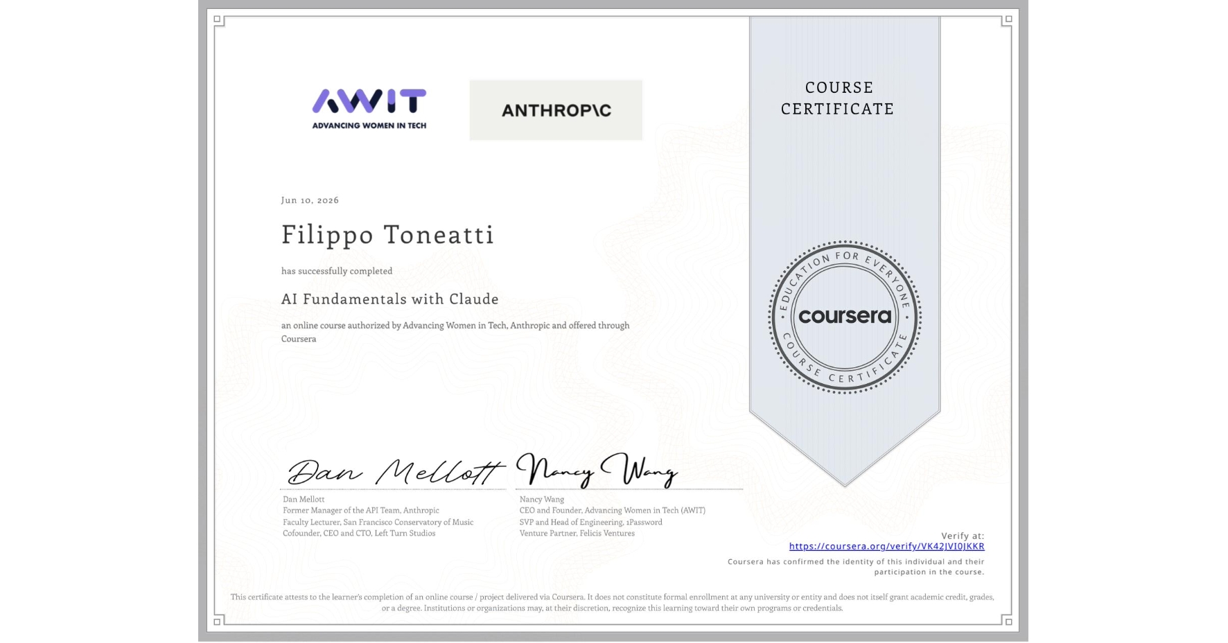View certificate for Filippo Toneatti, AI Fundamentals with Claude, an online non-credit course authorized by Advancing Women in Tech & Anthropic and offered through Coursera