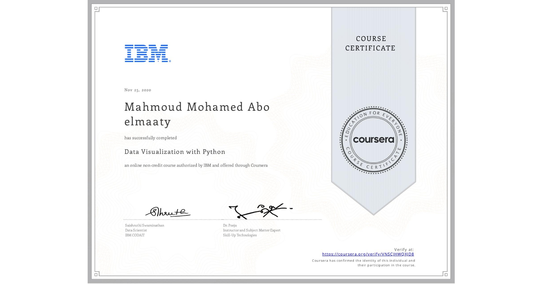 View certificate for Mahmoud Mohamed Abo elmaaty, Data Visualization with Python, an online non-credit course authorized by IBM and offered through Coursera