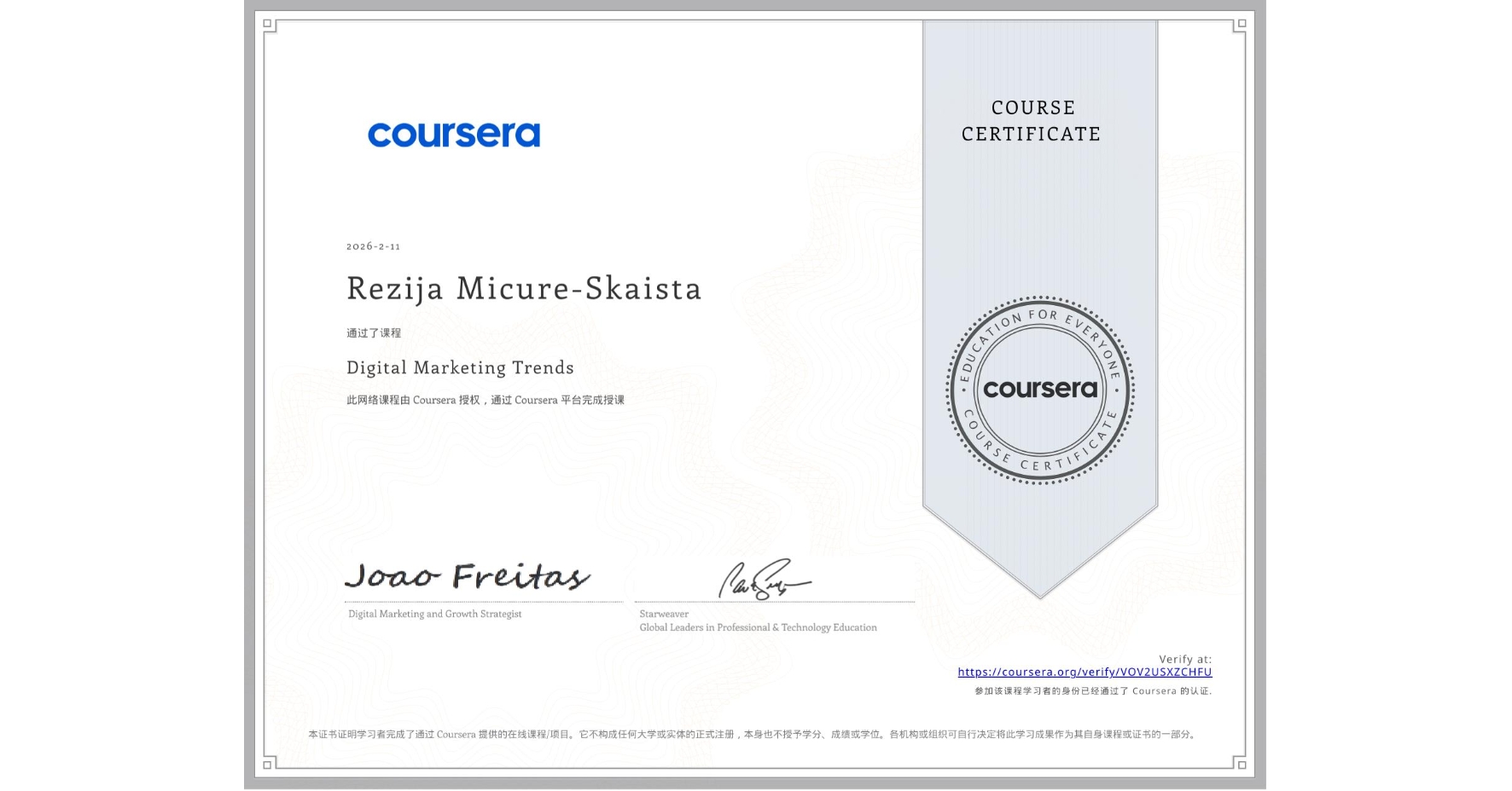 View certificate for Rezija Micure-Skaista, Digital Marketing Trends, an online non-credit course authorized by Coursera and offered through Coursera