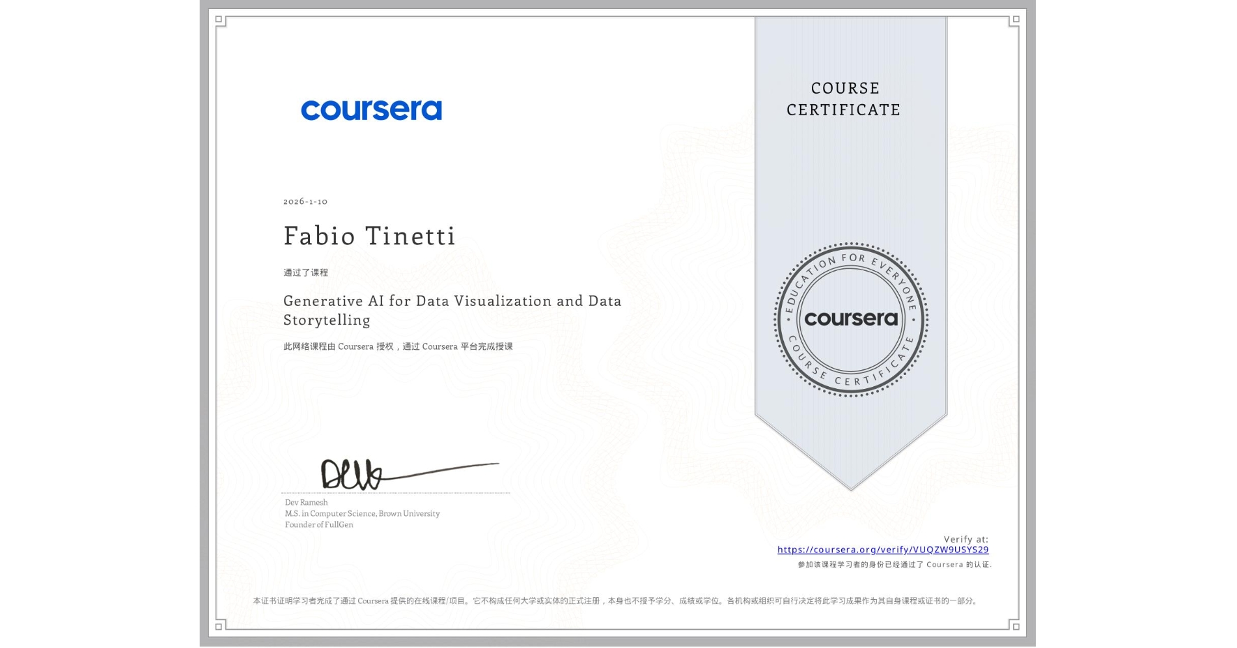 View certificate for Fabio Tinetti, Generative AI for Data Visualization and Data Storytelling, an online non-credit course authorized by Coursera and offered through Coursera