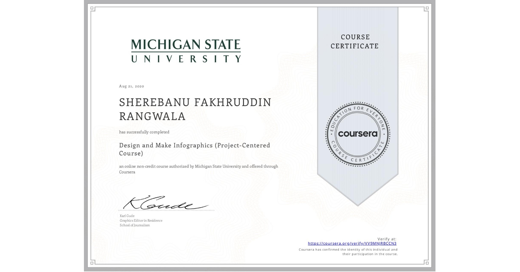 View certificate for SHEREBANU FAKHRUDDIN RANGWALA, Design and Make Infographics (Project-Centered Course), an online non-credit course authorized by Michigan State University and offered through Coursera