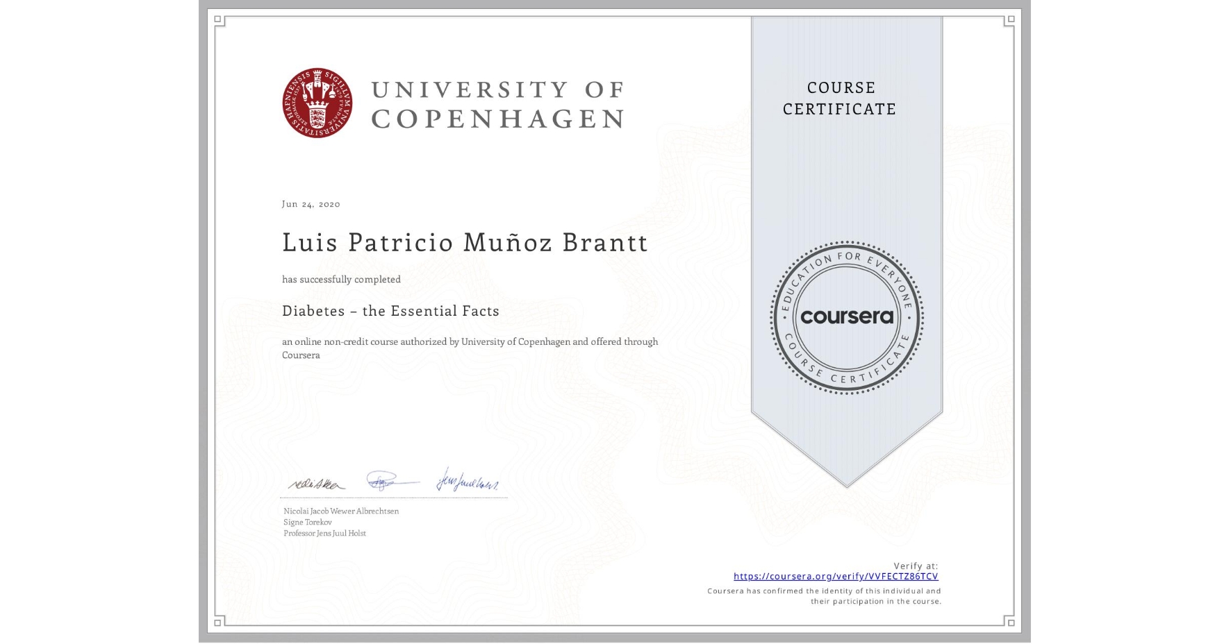 View certificate for Luis Patricio  Muñoz Brantt, Diabetes – the Essential Facts, an online non-credit course authorized by University of Copenhagen and offered through Coursera