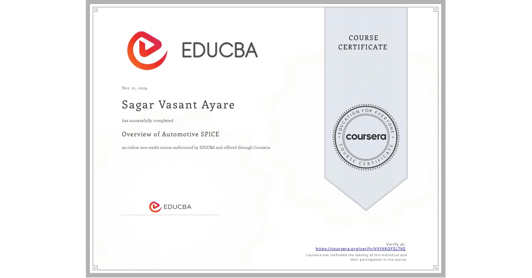 View certificate for Sagar Vasant Ayare, Overview of Automotive SPICE, an online non-credit course authorized by EDUCBA and offered through Coursera