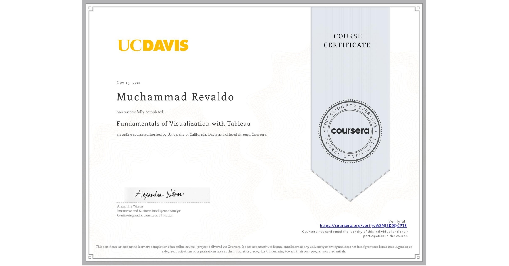 View certificate for Muchammad Revaldo, Fundamentals of Visualization with Tableau, an online non-credit course authorized by University of California, Davis and offered through Coursera