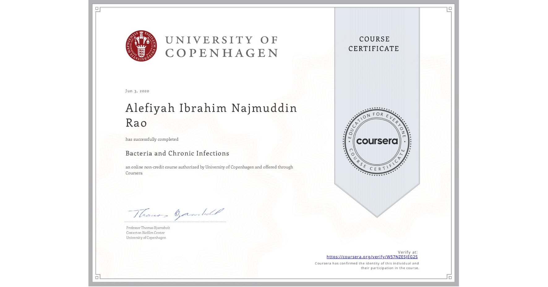 View certificate for Alefiyah Ibrahim Najmuddin Rao, Bacteria and Chronic Infections, an online non-credit course authorized by University of Copenhagen and offered through Coursera